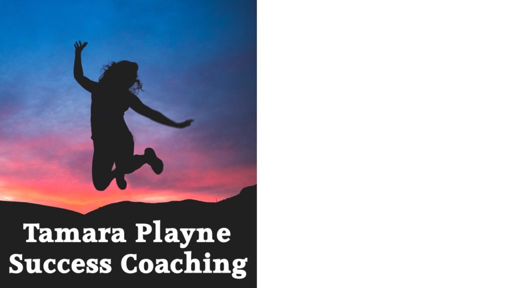 image of a silhouette of a woman jumping in the air against a pink and blue sunset. The words in the foreground read Tamara Playne Success Coaching